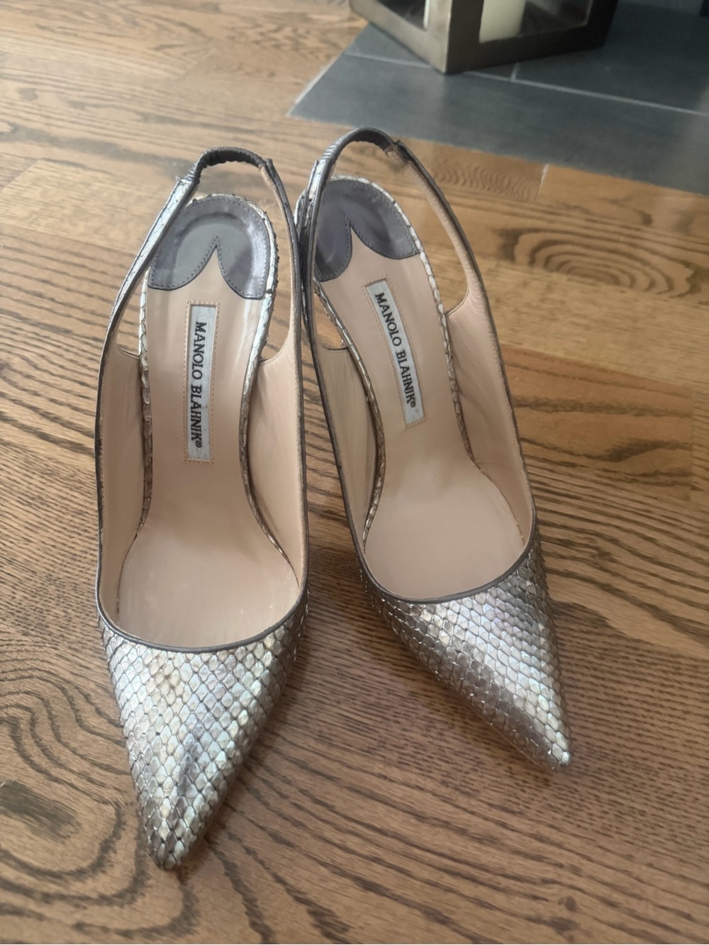 Manolo Blahnik Metallic Silver Snakeskin Slingback Pumps
